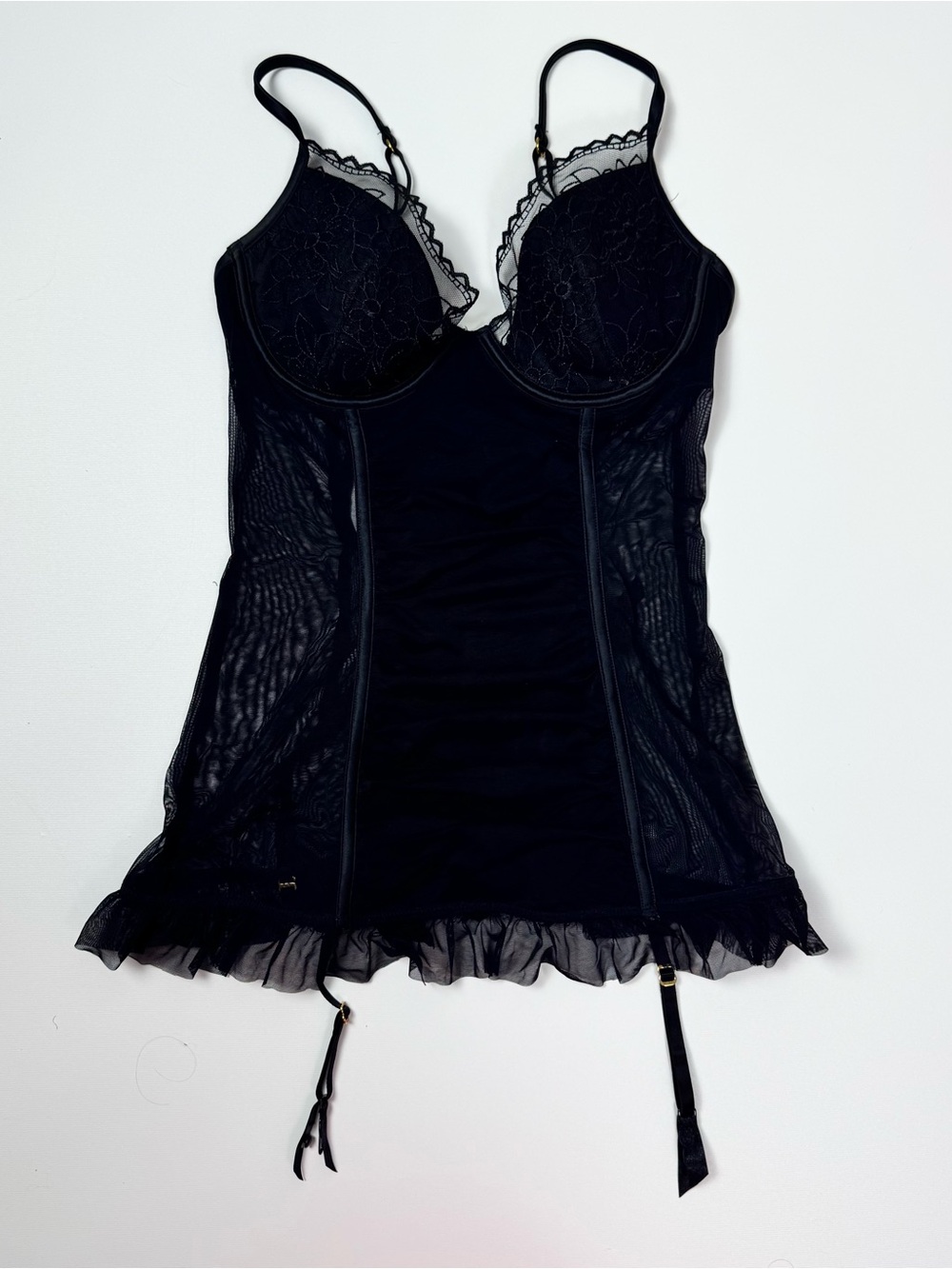 Victoria's Secret Black Lace & Mesh Chemise with Ruffled Hem